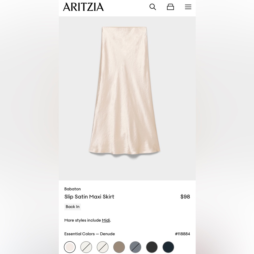 Aritzia Babaton slip satin maxi skirt Denude